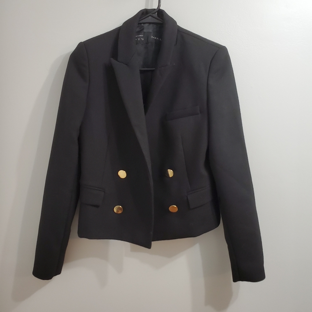 ZARA BASIC Black Crop Blazer with Gold Buttons